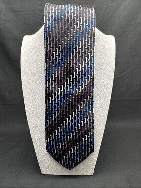 Boca Classics 100% Silk Tie Black Blue Gray Geometric Classic Width Necktie